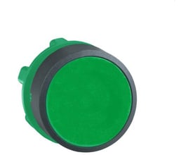 Schneider trykknaphoved, grøn, Ø22 mm, set fra en let skrå vinkel, der fremhæver den grønne trykknap.
