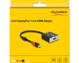 DeLock aktiv mini DisplayPort 1.4 til HDMI-adapter med kabel vist på gul emballage; understøtter 4K ved 60 Hz og HDR.