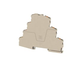 Beige Weidmüller AMC 2.5 distributionsklemme til 800 V, set skråt fra siden med trappeform og orange terminalåbninger.