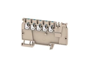 Weidmüller distributionsklemme AAP12 2,5 LI BL med fem push-in tilslutninger i beige og blå. Klemmen er 2,5mm2, 5,1mm bred og fremstillet af plast.