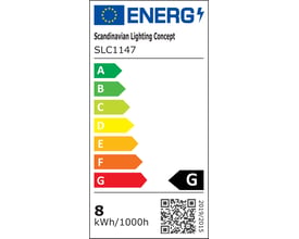 Energimærke for SLC One 360° downlight, der viser energiklasse F, 8 kWh/1000h, og EU-logo med teksten Scandinavian Lighting Concept SLC1147.