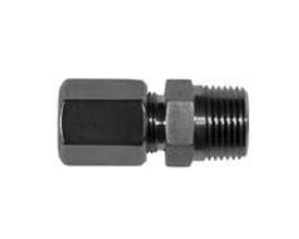 Syrefast union med nippel, 10 mm x 3/8". Lige union i rustfrit stål med udvendigt gevind på en hvid baggrund.