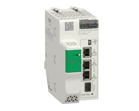 Schneider Electric M580 Hotstandby CPU med 64 MB hukommelse, 3 Ethernet porte og USB-tilslutning, vist i grå og grøn.