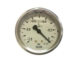 Wika vakuummeter Ø63mm med glycerinfyldning, der måler -1,0 til 0 bar, med 1/4" RG bagudtilslutning.