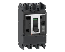 Schneider Electric ComPacT NSX630NA DC lastadskiller, 3-polet med mærkestrøm 630A ved 750VDC, vist med håndtaget i 'OFF' position.