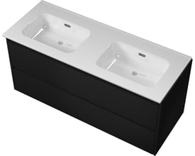 Sanibell Proline møbelsæt i matsort, 121x46cm, med to hvide porcelænsvaske og to softclose skuffer.