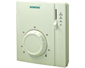 Siemens RAB21 elektromekanisk rumtermostat til 2-strengs fan coils, basismodel i hvid plast med drejehjul til temperaturindstilling fra 10-30 grader og knap til hastighedsvalg.