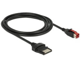 Sort DeLock PoweredUSB-kabel på 2 meter med 24 V-hanstik og 8-pin-hanstik, vist oprullet med begge stik synlige.