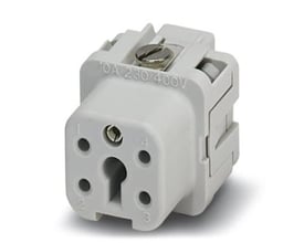 Detaljeret billede af Phoenix Contact kontaktindsats HC A04 I-UT-F, hvid, med mærkning '10A 230/400V' og nummererede terminaler.