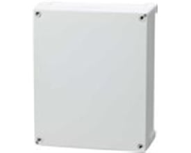 En Fibox Tempo TA292411 kasse, vist forfra med lukket gråt dæksel og synlige skruer i hjørnerne.