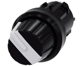 Siemens 22mm rundt omskifter i hvid plast med drejeknap og 4 positioner, isoleret på hvid baggrund.