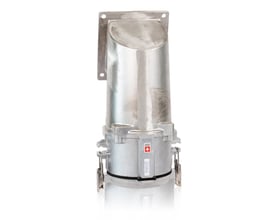 Vinklet CEE vægudtag, 600A, 6h, IP67, 3P+PE, med monteringsplade og et 'Swiss Made' mærkat.