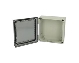 Fibox NEO PC 323215 T kasse med åbent transparent dæksel, viser 320x320x150 mm polycarbonat kabinet med monteringsdetaljer.