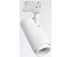 Hvid Zoom LED-skinnespot GA69 på 14 W, vist skråt med cylindrisk spotdel og rund lysåbning.