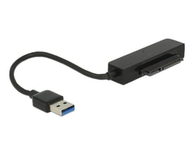 Sort DeLock-konverter med USB 3.0 Type-A-stik, kabel og 22-polet SATA-tilslutning til 2,5-tommers drev.
