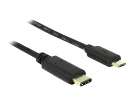 Sort 2 meter Delock USB-C til USB Micro-B 2.0 kabel med guldbelagte stik og mærkning på kablet.