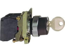 Schneider Electric nøgleafbryder XB4BG21EX med 2 faste positioner og ATEX-godkendelse, vist med nøgle isat.