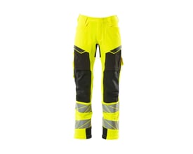 Mascot Hi-Vis gul/sort arbejdsbukser 19079 med knælommer, reflekser og ergonomisk pasform.