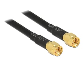 Delock LMR195-antennekabel på 10 meter med sort kabel og to gyldne SMA-hanstik, vist fra begge ender.