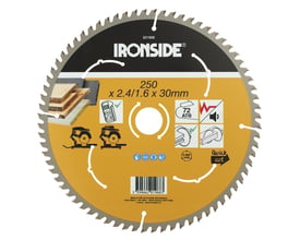 Ironside rundsavklinge til træ med 250 mm diameter, 30 mm hul og 72 tænder, vist forfra med sort og gul overflade.