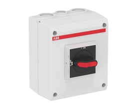 Frontbillede af ABB 3-polet sikkerhedsafbryder 16A, IP65, med tydelig sort drejegreb og I-ON/O-OFF markering.