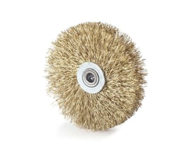 Spånbørste STM med messingbørste, Ø80mm og 15mm bredde, viser bølget tråd og monteringshul med 8mm diameter.