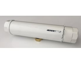 HeatComp axialkompensator dn32, 1.1/4" uden unioner, med synlig fjeder og 320mm byggelængde på grå baggrund.