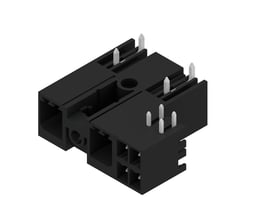 Weidmüllers sorte hybrid-printkortstik med 2 poler, 7,62 mm afstand og 270° udgangsvinkel, set skråt ovenfra.