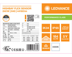 Tekstgrafik med specifikationer for Ledvance Flex Linear Sensor high-bay-armatur, herunder 240 W og 44.160 lm.
