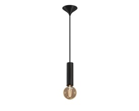 Sort 3D Cord-serie pendel med et flettet, ovalt lampeskærm i sort satin og 3 meter sort kabel. Lampen har en E27 fatning med en synlig glødepære.
