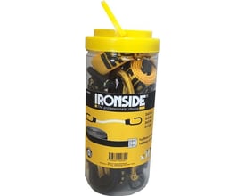 Ironside spændesæt med to spænderemme og otte bagagestropper i et gennemsigtigt plastikglas med gult låg.