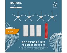 Nordic Quality 8 stk. tilbehørssæt til Roborock, med 1x rød hovedbørste, 4x hvide sidebørster og 3x filtre på blå baggrund.