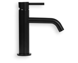 Mat sort håndvaskarmatur med cylinderformet base og lige tud med nedadgående bøjning.