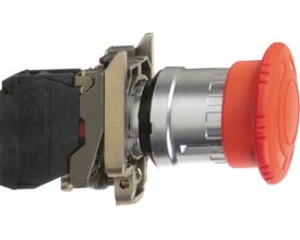 Schneider Electric nødstop trykknap, ø40 mm, rød, med tryk/træk funktion, ATEX godkendt, vist fra siden med krommet metalring.