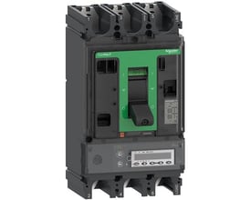 Schneider Electric ComPacT NSX630HB2 maksimalafbryder med 3 poler, 630A og MicroLogic 6.3 E-strømrelæ i grå og sort.
