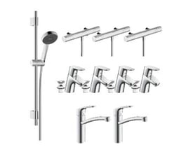 Hansgrohe julepakke med fire Focus 70 armaturer, to Focus 160 køkkenarmaturer, tre Ecostat Element brusetermostater og et Activera S brusersæt.