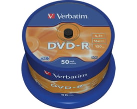 Verbatim DVD-R-medier med AZO-teknologi i blå og orange spindel med 50 stk.; etiketten viser 16x og 4,7 GB.