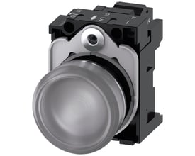 Siemens 22mm rund signallampe i metal med klar linse og integreret LED-modul på 24V AC/DC.