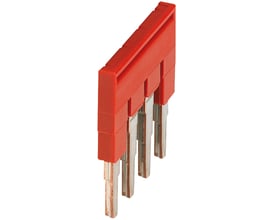 Schneider Electric Laske, 4-polet, rød, 4mm2, med synlige metalstik og rød plastisk isolering.