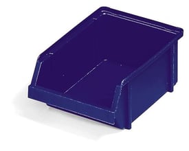 Raaco lagerkasse 3-160 i blå polypropylen, vist fra siden med fokus på stablings- og ophængsmuligheder.