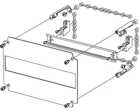 Detaljeret teknisk tegning af Fibox Din-indsats JD-1 med 1x14 moduler, viser monteringsdetaljer og tilbehør.