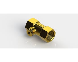 3D-gengivelse af en JCH kontrollerbar kontraventil i messing med 1 1/2" muffegevind og tydeligt inspektionshul.