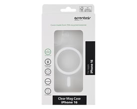 Emballage med Essentials transparent magnetcover til iPhone 16, vist forfra med coveret synligt gennem vinduet.
