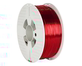 Verbatim PET-G filament til 3D printer på en hvid spole, 1 kg, 1.75mm, i en klar rød transparent farve.