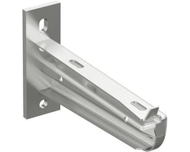 Schneider Electric konsol 50F-200 FZV er en varmgalvaniseret stålbeslag, 200 mm bred, med monteringshuller til væg eller skinne.