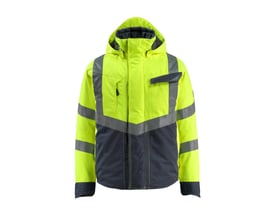 Mascot Pilotjakke Hastings Hi-Vis i gul og mørkeblå, størrelse 3XL, med reflekser og hætte på hvid baggrund.