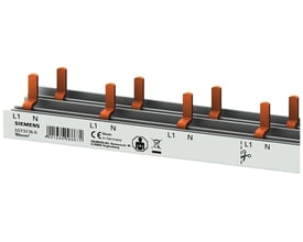 Siemens PIN samleskinne 16mm² med 10mm² tilslutning, fremstillet i Tyskland, med orange stifter og produktinformation på hvid baggrund.