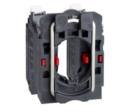 Schneider Electric kontaktkrop ZB5AZ1045 med 2xNC fjederterminaler, viser sideprofil med røde trykknapper og metalmonteringsclips.