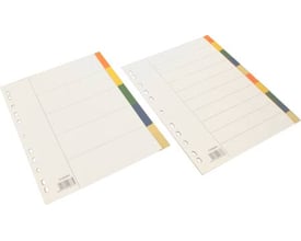 To A4 plastfaneblade med 5-delt farveinddeling og linjer til at skrive på, set fra oven på en hvid baggrund.