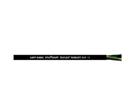 Lapp Olflex Robust 210 4x1 kabel med påtrykt tekst, der viser ledere i grøn/gul, blå, brun og sort. Kablet er på en hvid baggrund.